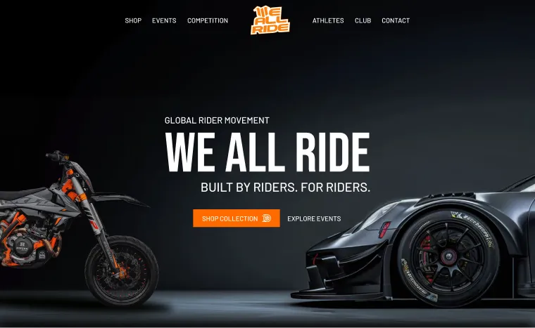 We All Ride - Dark Hero Section with Motorcycle & Sports Car